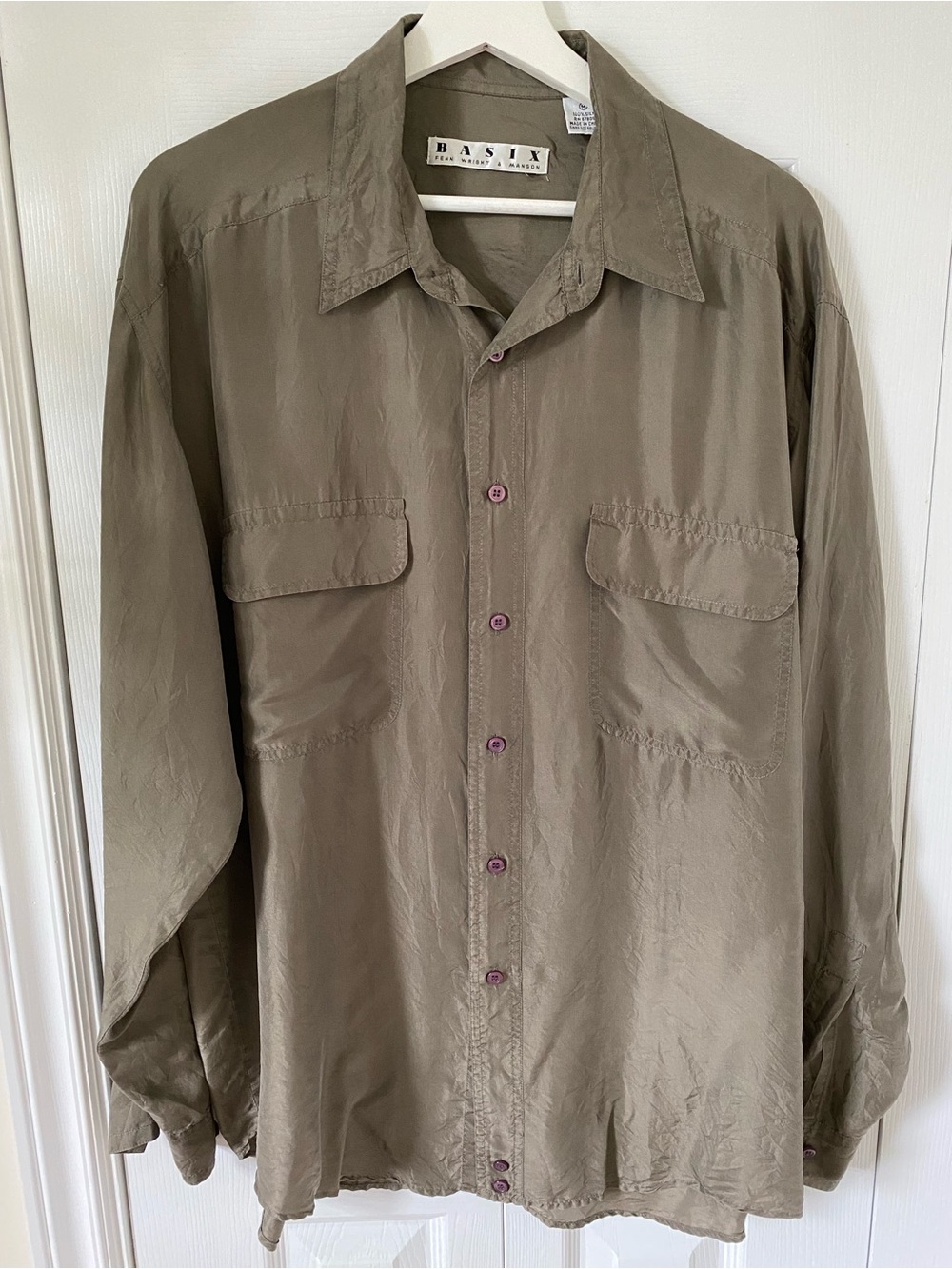 Fenn Wright Manson Basix 100% Silk Vintage tunic blouse Olive green Size Medium